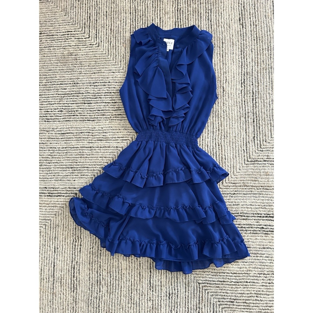 MISA Los Angeles Blue Ruffle Tiered Mini Dress Sleeveless Smocked Waist Small